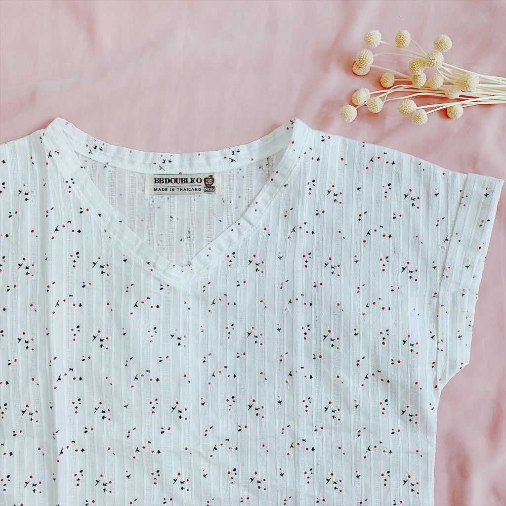 O’Shorty🍃 白底碎花直條伉紋短袖棉麻上衣